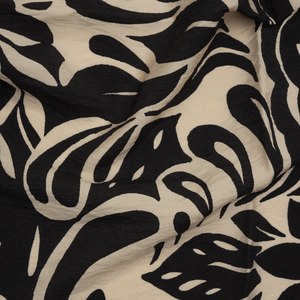 Crinkled Rayon Blend Woven Print - Black and Beige Floral - Designer Deadstock