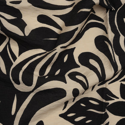 Crinkled Rayon Blend Woven Print - Black and Beige Floral - Designer Deadstock
