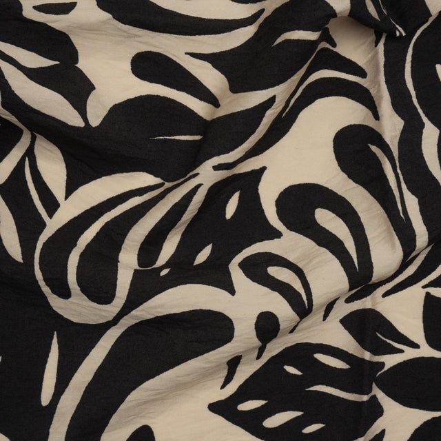 Crinkled Rayon Blend Woven Print - Black and Beige Floral - Designer Deadstock