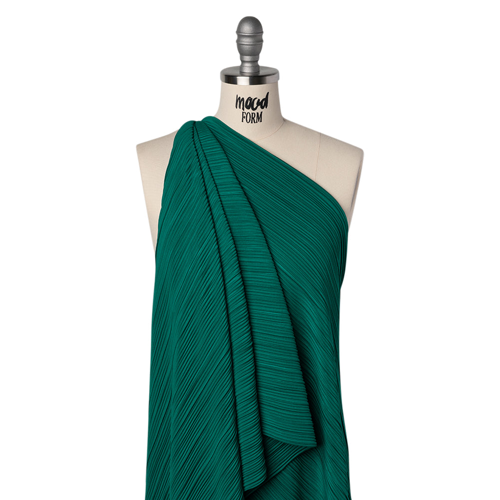 Fine Pleated Polyester Interlock Knit - Teal - Designer Deadstock Drape