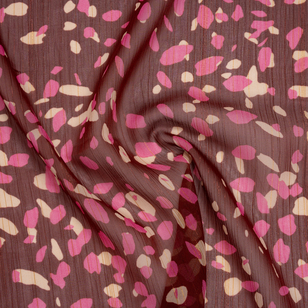 Crinkled Polyester Chiffon Print with Metallic Pinstripes - Burgundy, Pink and Cream Abstract Spots - Designer Deadstock