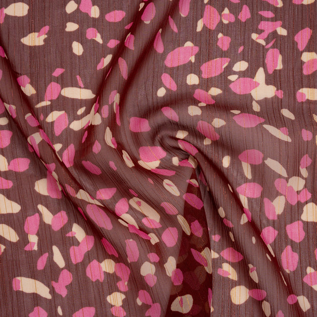 Crinkled Polyester Chiffon Print with Metallic Pinstripes - Burgundy, Pink and Cream Abstract Spots - Designer Deadstock