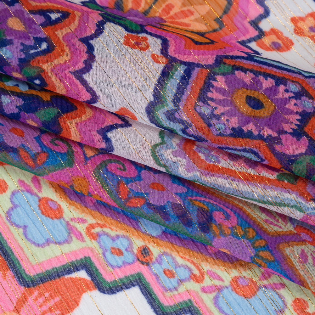 Crinkled Polyester Chiffon Print with Metallic Gold Pinstripes - Pink, Purple and Blue Jacobean Florals and Tiles - Designer Deadstock Folded