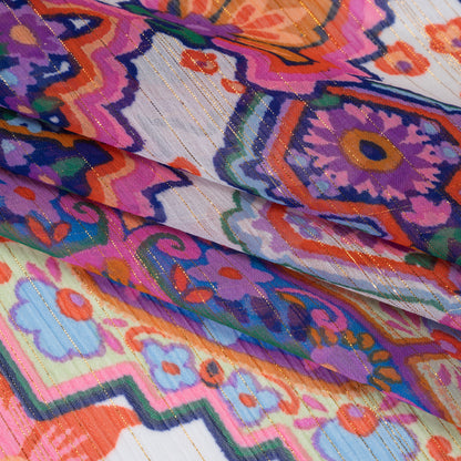 Crinkled Polyester Chiffon Print with Metallic Gold Pinstripes - Pink, Purple and Blue Jacobean Florals and Tiles - Designer Deadstock Folded