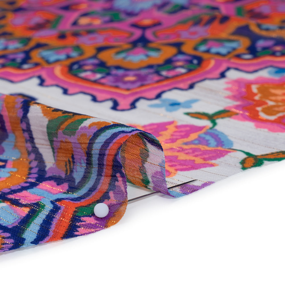 Crinkled Polyester Chiffon Print with Metallic Gold Pinstripes - Pink, Purple and Blue Jacobean Florals and Tiles - Designer Deadstock Detail