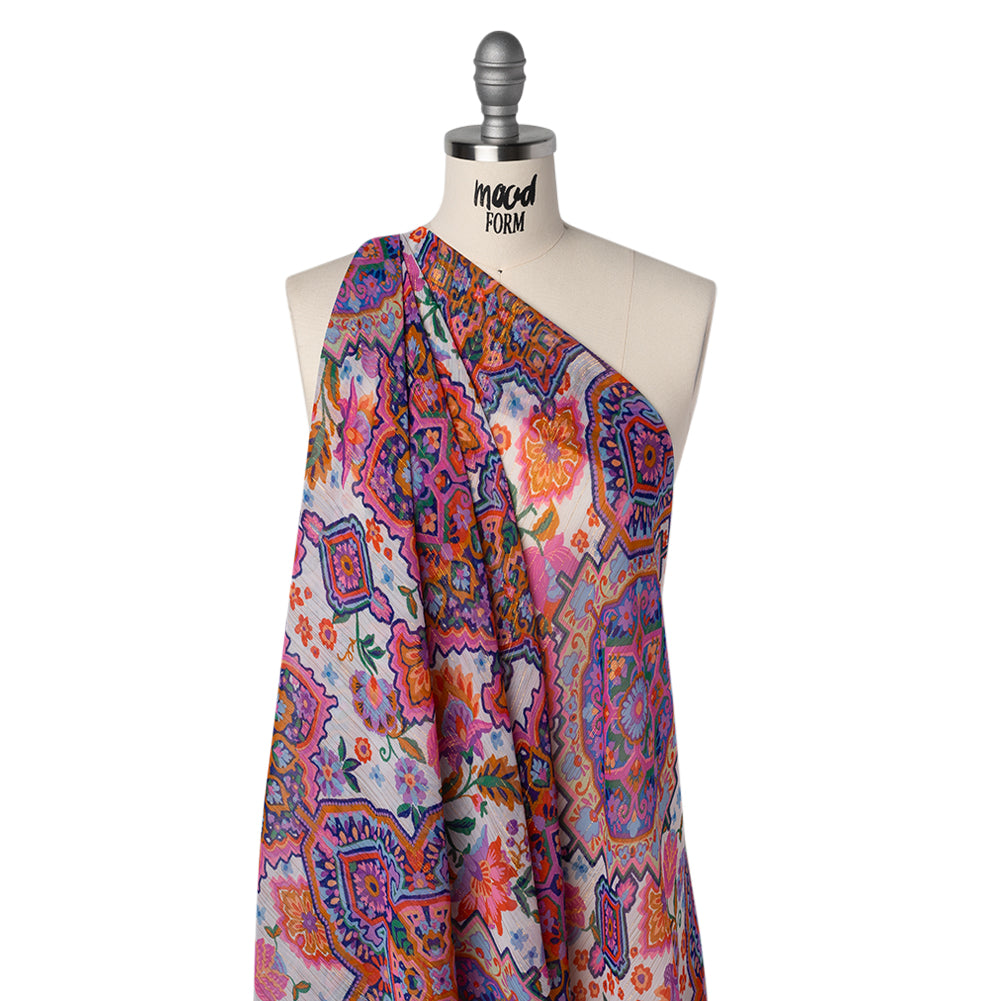 Crinkled Polyester Chiffon Print with Metallic Gold Pinstripes - Pink, Purple and Blue Jacobean Florals and Tiles - Designer Deadstock Drape