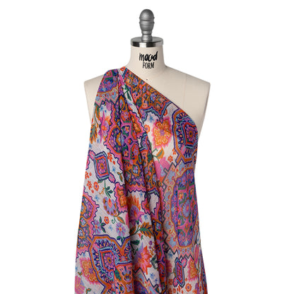Crinkled Polyester Chiffon Print with Metallic Gold Pinstripes - Pink, Purple and Blue Jacobean Florals and Tiles - Designer Deadstock Drape
