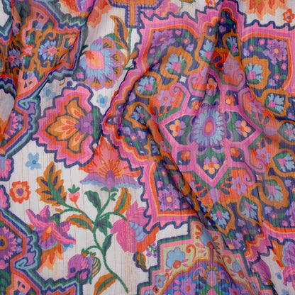 Crinkled Polyester Chiffon Print with Metallic Gold Pinstripes - Pink, Purple and Blue Jacobean Florals and Tiles - Designer Deadstock
