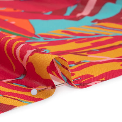 Polyester Chiffon Print - Red, Green and Yellow Tropical Leaves - Designer Deadstock