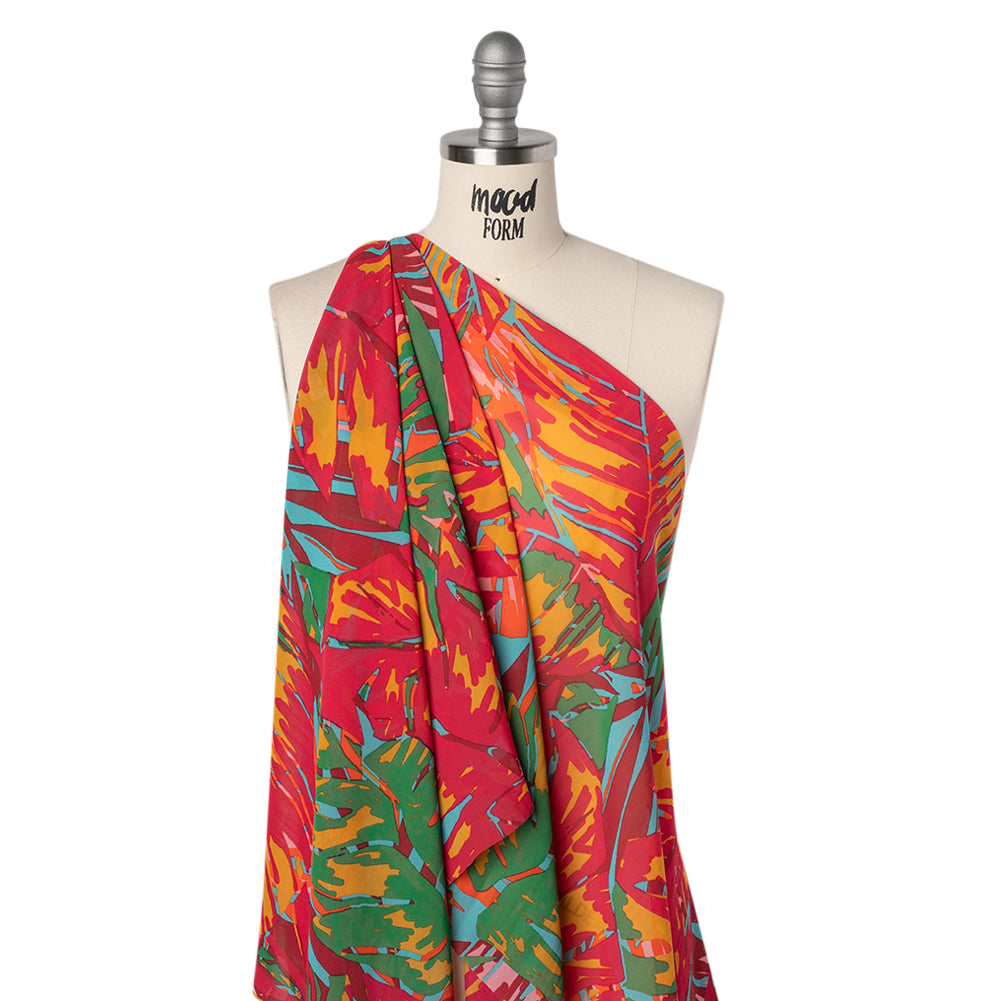 Polyester Chiffon Print - Red, Green and Yellow Tropical Leaves - Designer Deadstock