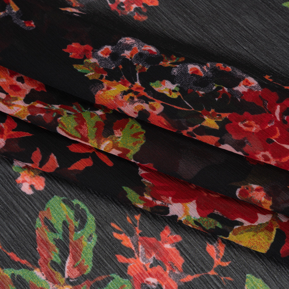 Crinkled Polyester Chiffon Print - Red, Green and Black Floral - Designer Deadstock