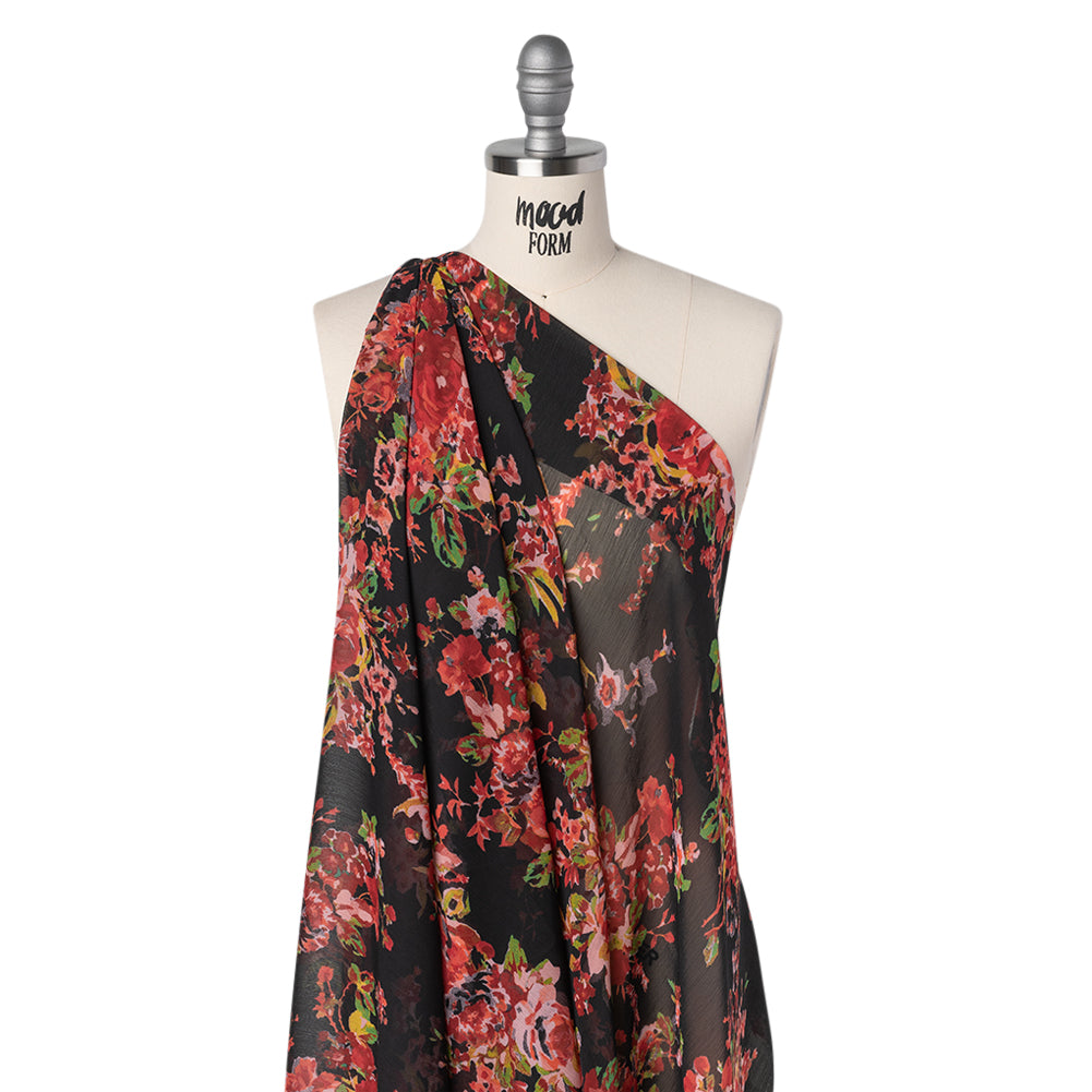 Crinkled Polyester Chiffon Print - Red, Green and Black Floral - Designer Deadstock