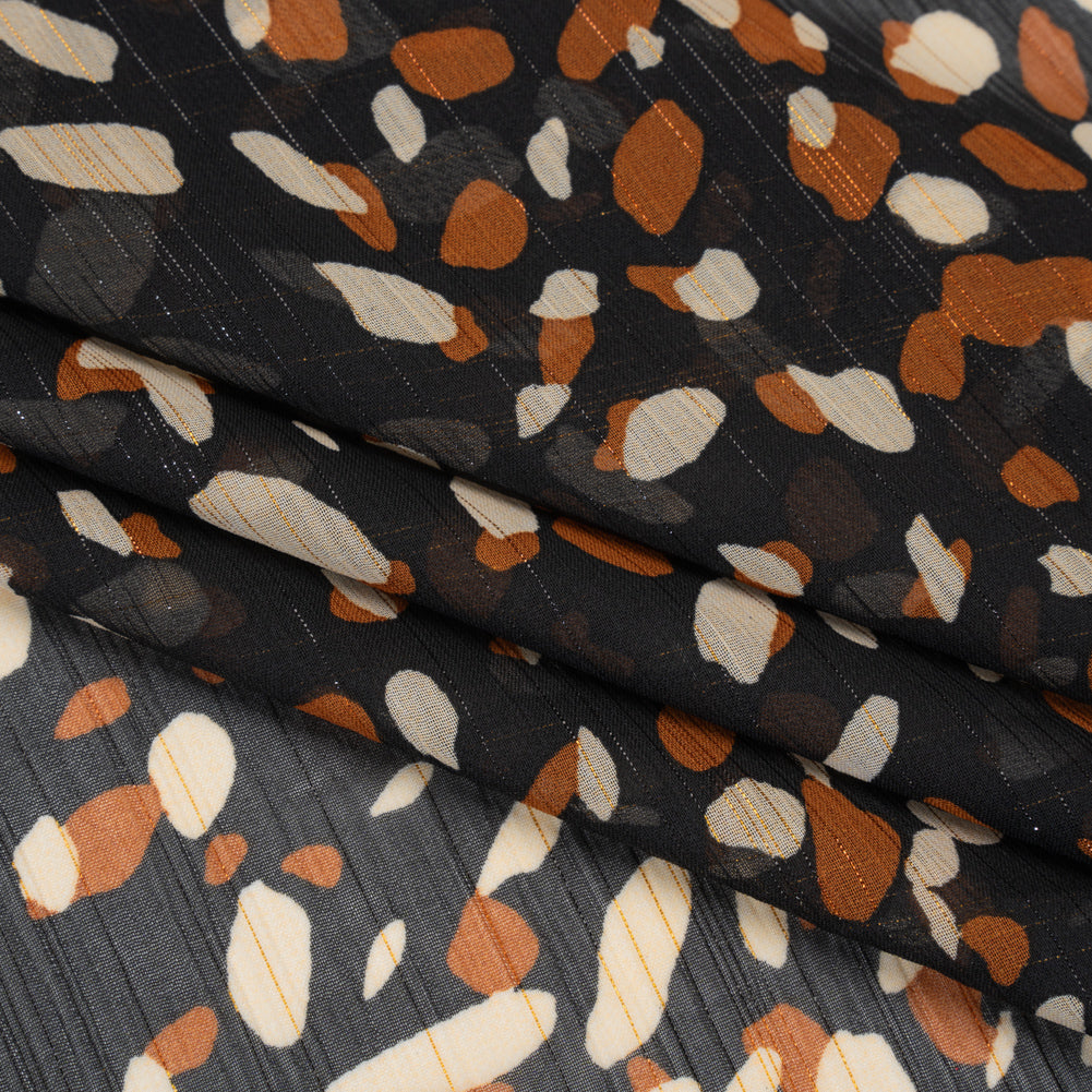 Crinkled Polyester Chiffon with Metallic Gold Pinstripes - Black, White and Tan Spots - Designer Deadstock Folded
