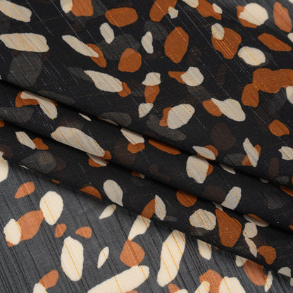Crinkled Polyester Chiffon with Metallic Gold Pinstripes - Black, White and Tan Spots - Designer Deadstock Folded