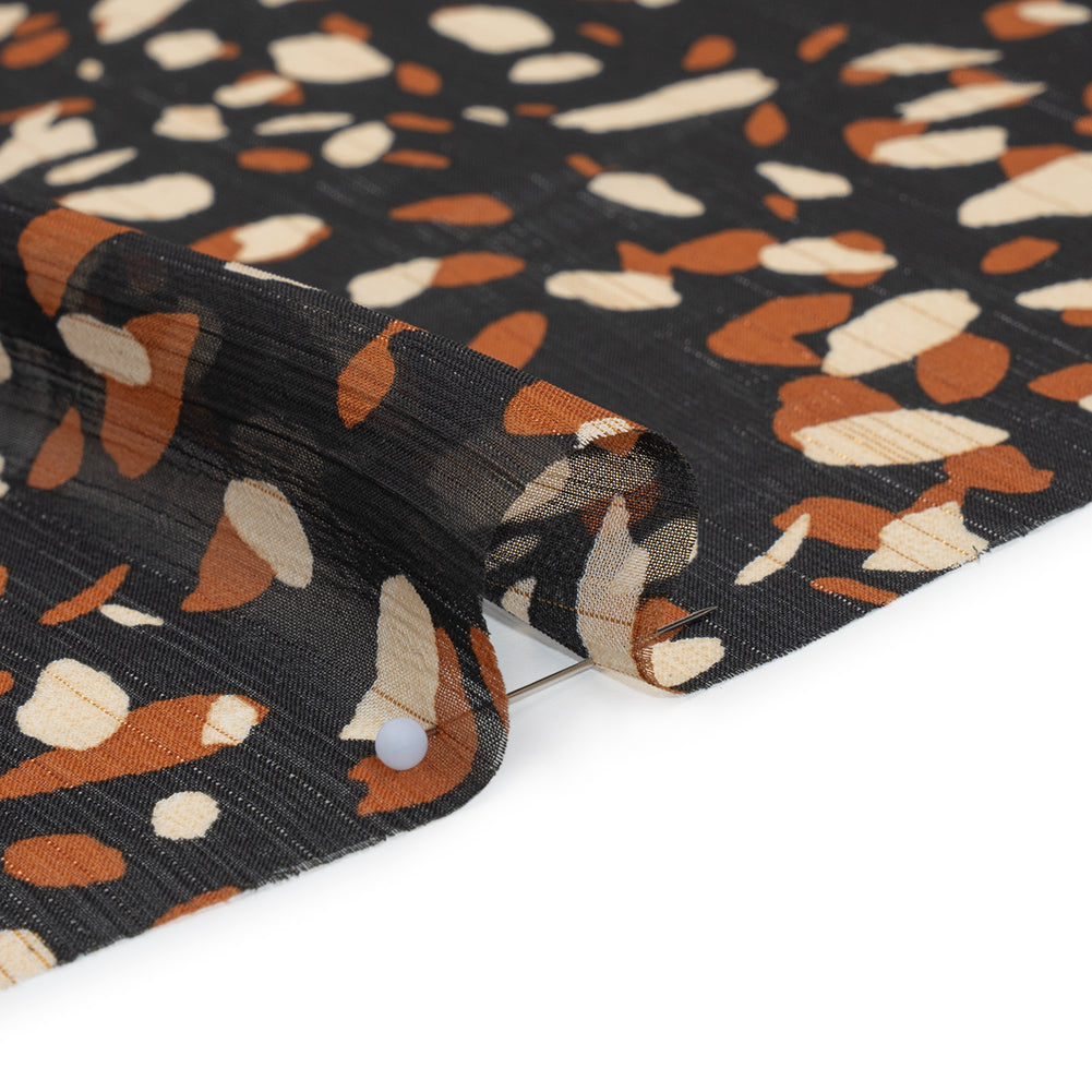 Crinkled Polyester Chiffon with Metallic Gold Pinstripes - Black, White and Tan Spots - Designer Deadstock Detail