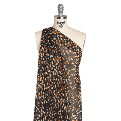Crinkled Polyester Chiffon with Metallic Gold Pinstripes - Black, White and Tan Spots - Designer Deadstock Drape