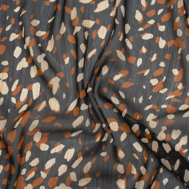 Crinkled Polyester Chiffon with Metallic Gold Pinstripes - Black, White and Tan Spots - Designer Deadstock