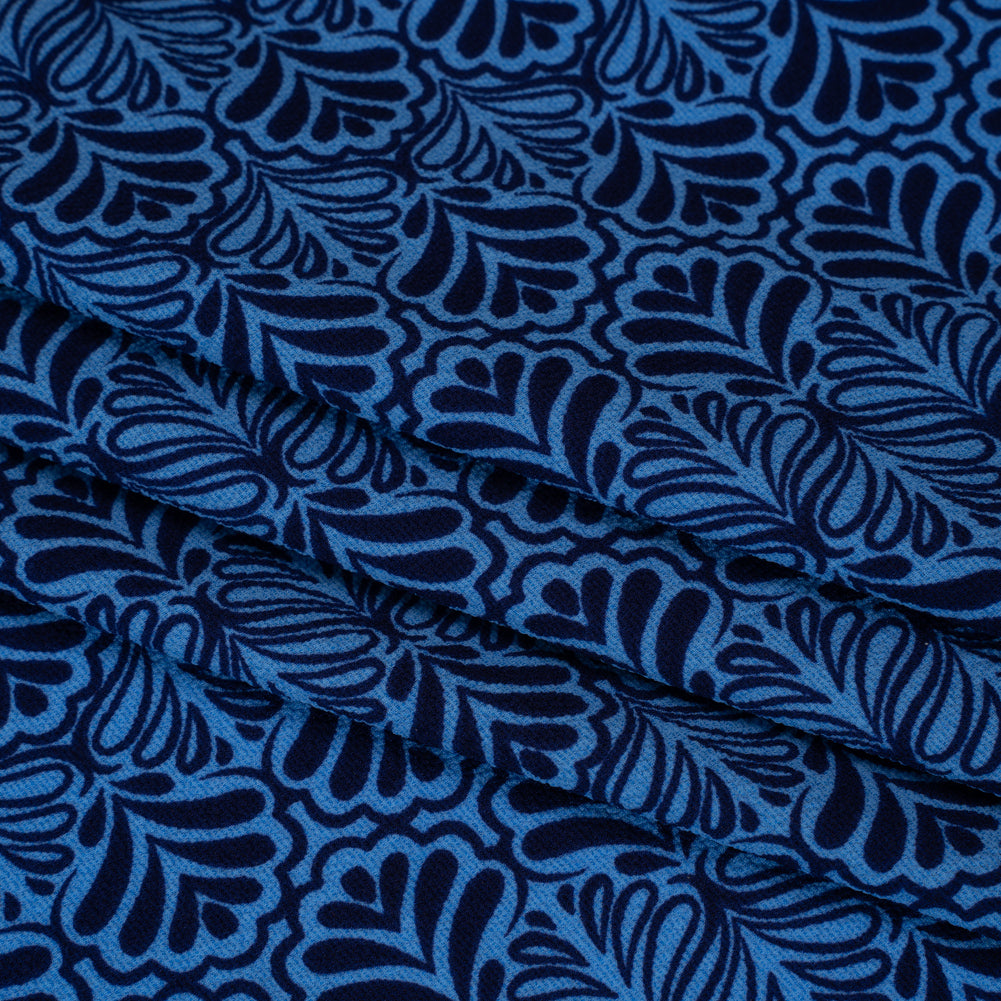 Stretch Polyester Crepe - Blue and Navy Leaf Motifs - Designer Deadstock
