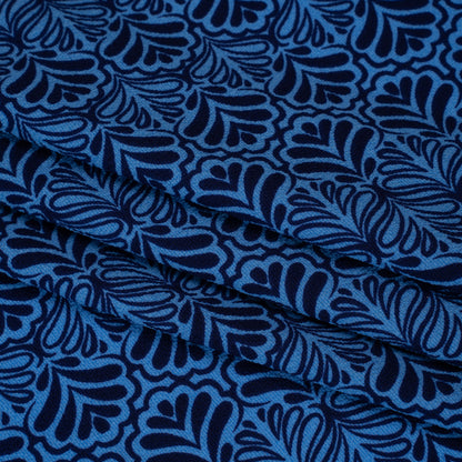 Stretch Polyester Crepe - Blue and Navy Leaf Motifs - Designer Deadstock