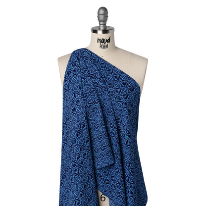 Stretch Polyester Crepe - Blue and Navy Leaf Motifs - Designer Deadstock