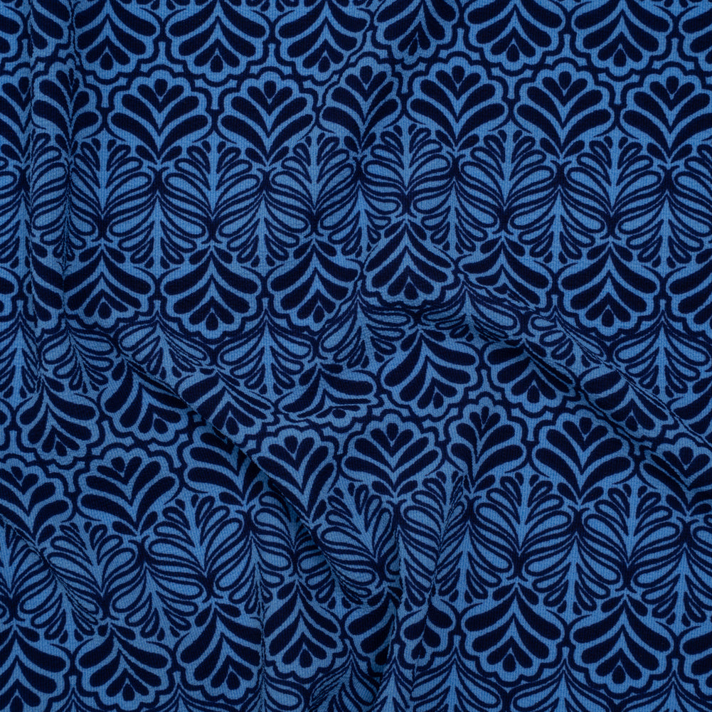 Stretch Polyester Crepe - Blue and Navy Leaf Motifs - Designer Deadstock