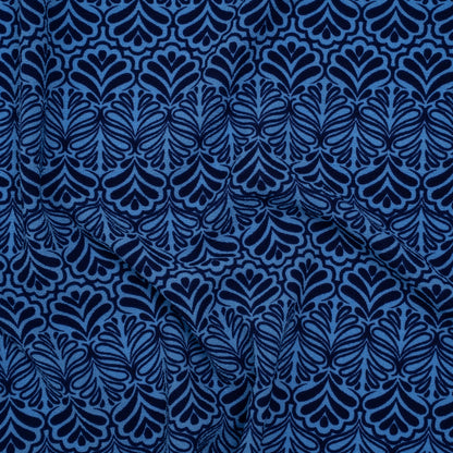 Stretch Polyester Crepe - Blue and Navy Leaf Motifs - Designer Deadstock