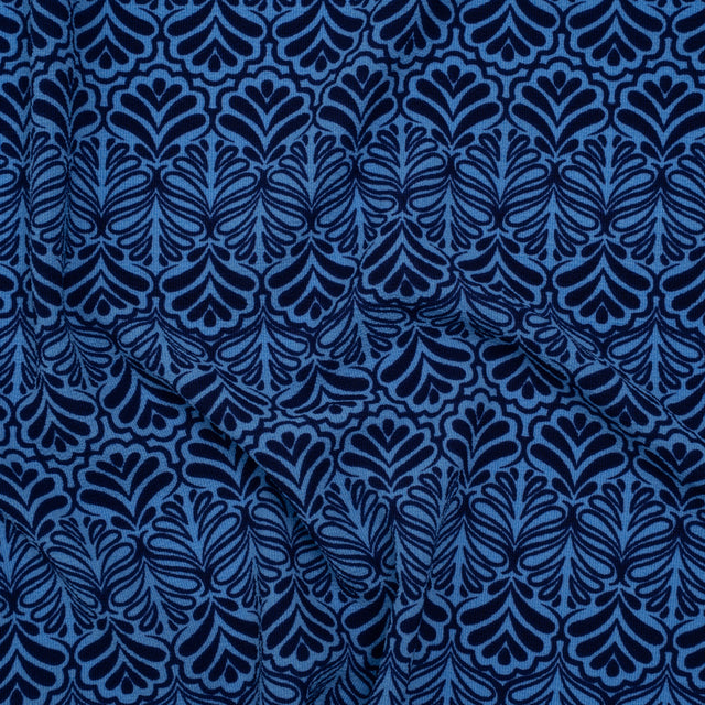 Stretch Polyester Crepe - Blue and Navy Leaf Motifs - Designer Deadstock