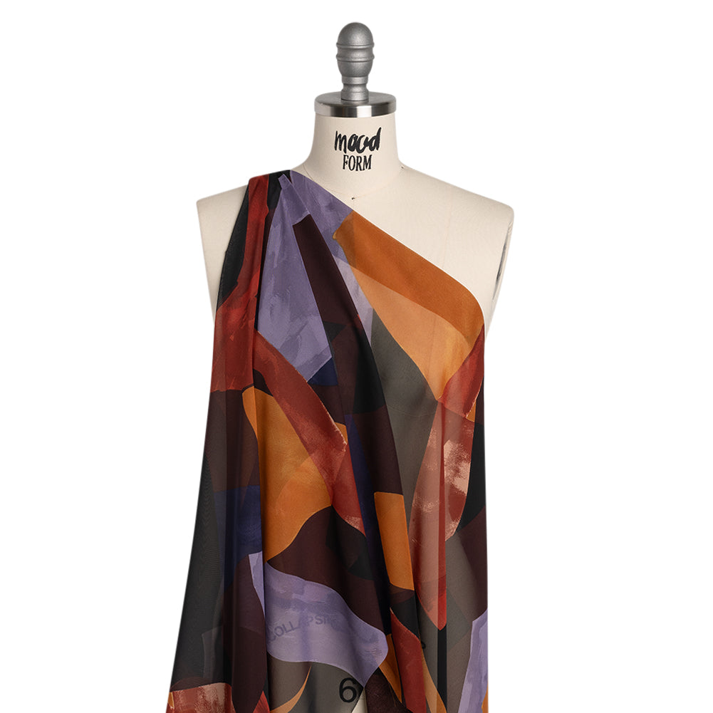Polyester Chiffon Print - Burnt Orange, Brown and Dusty Lavender Abstract - Designer Deadstock