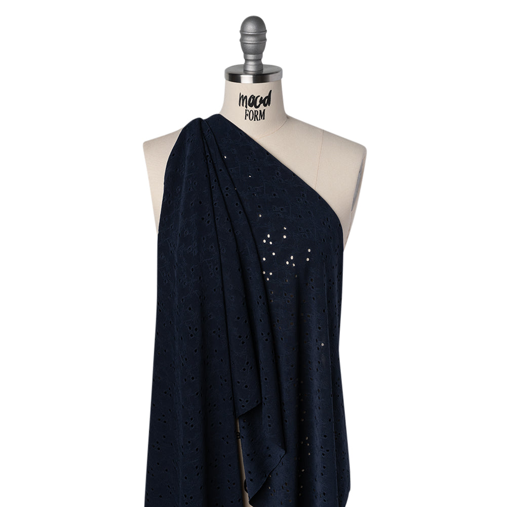 Stretch Polyester Eyelet Jersey - Navy Little Flowers - Designer Deadstock