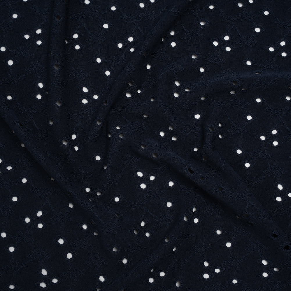 Stretch Polyester Eyelet Jersey - Navy Little Flowers - Designer Deadstock