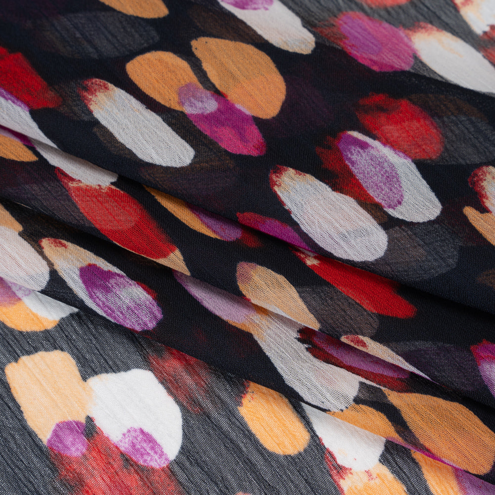 Crinkled Polyester Chiffon Print - Navy, Magenta and Peach Abstract Spots - Designer Deadstock - Folded