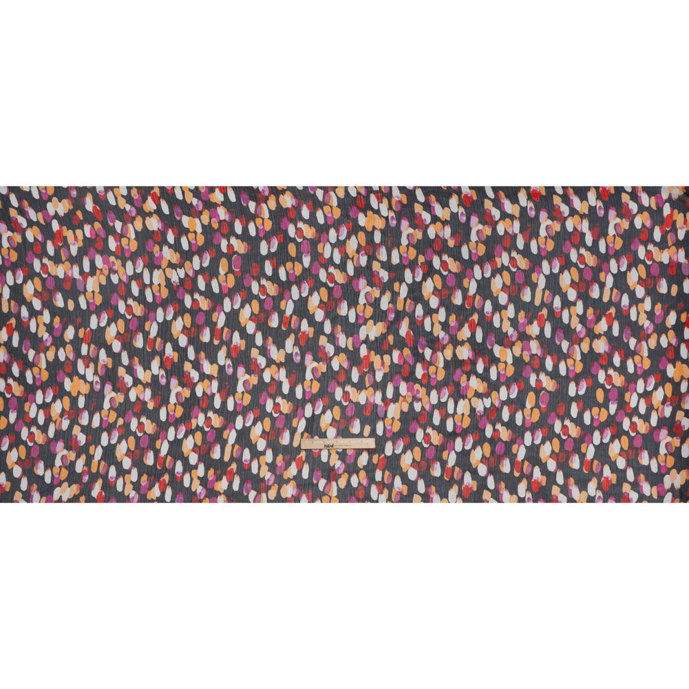 Crinkled Polyester Chiffon Print - Navy, Magenta and Peach Abstract Spots - Designer Deadstock - Full