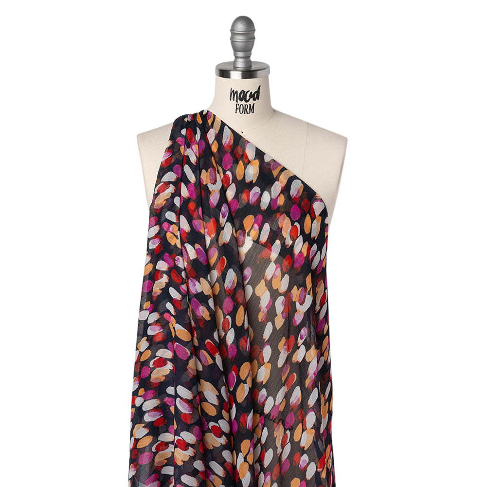 Crinkled Polyester Chiffon Print - Navy, Magenta and Peach Abstract Spots - Designer Deadstock - Drape