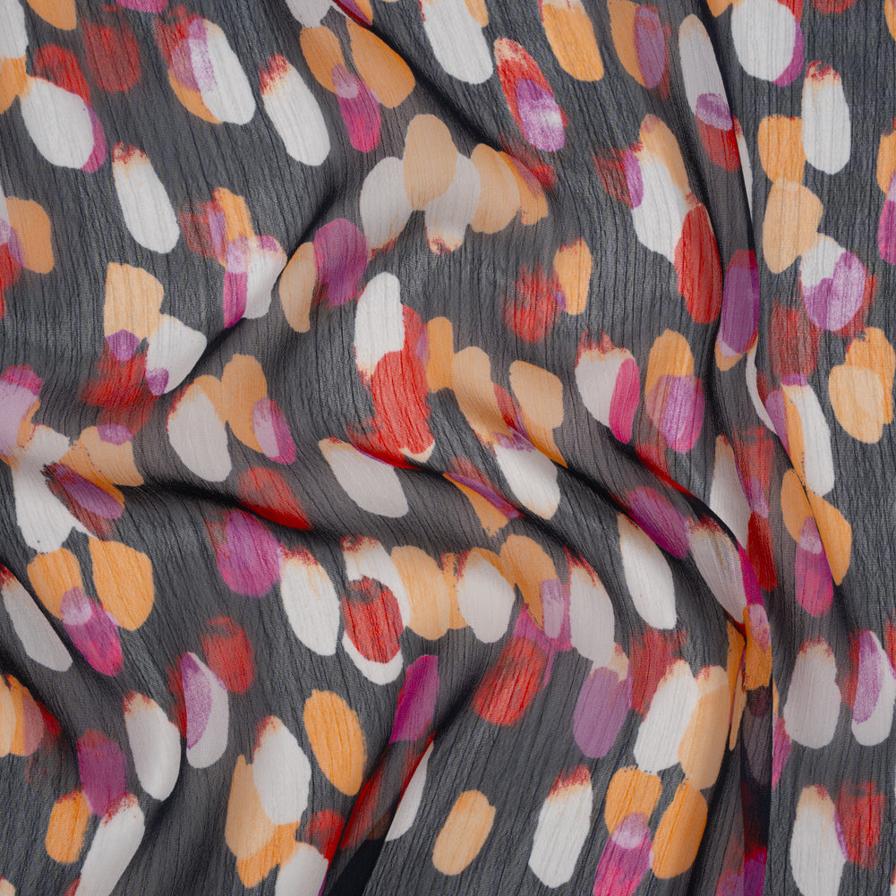 Crinkled Polyester Chiffon Print - Navy, Magenta and Peach Abstract Spots - Designer Deadstock