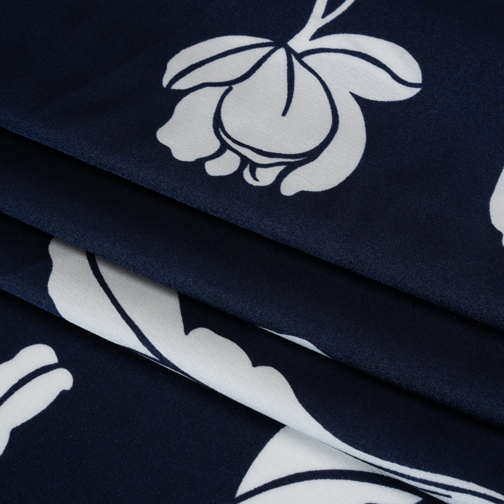 Polyester Charmeuse Print - Navy and White Roses - Designer Deadstock Folded