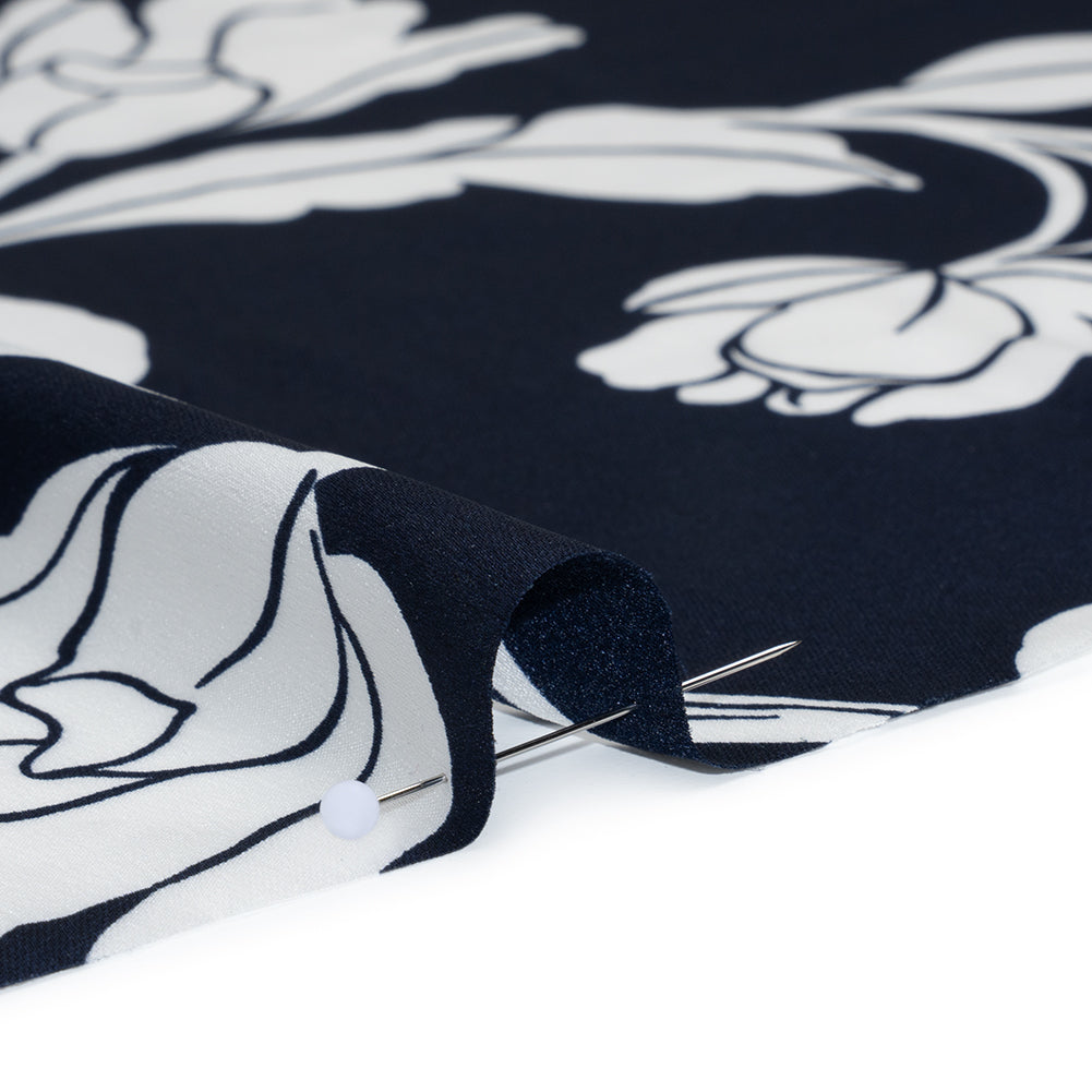 Polyester Charmeuse Print - Navy and White Roses - Designer Deadstock Detail
