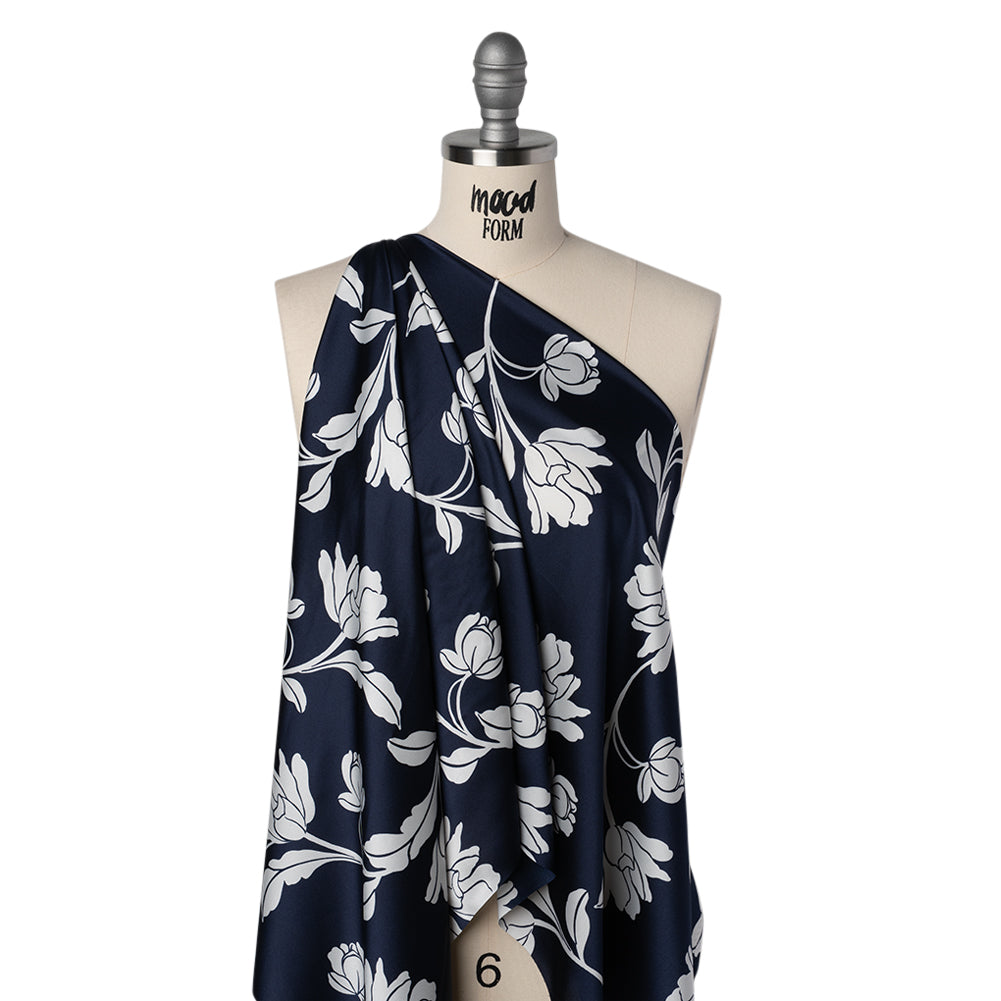 Polyester Charmeuse Print - Navy and White Roses - Designer Deadstock Drape