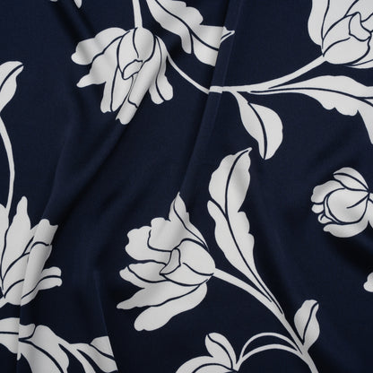 Polyester Charmeuse Print - Navy and White Roses - Designer Deadstock