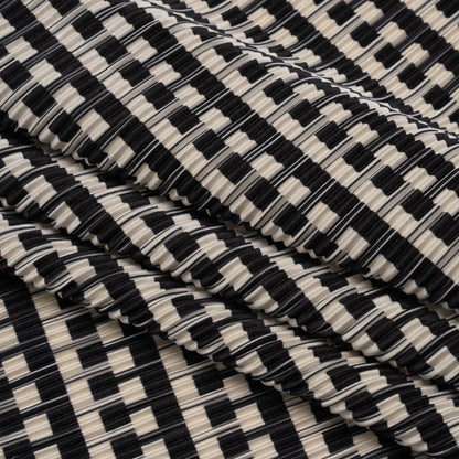 Fine Pleated Polyester Satin - Black and Cream Geometric Stripes - Designer Deadstock