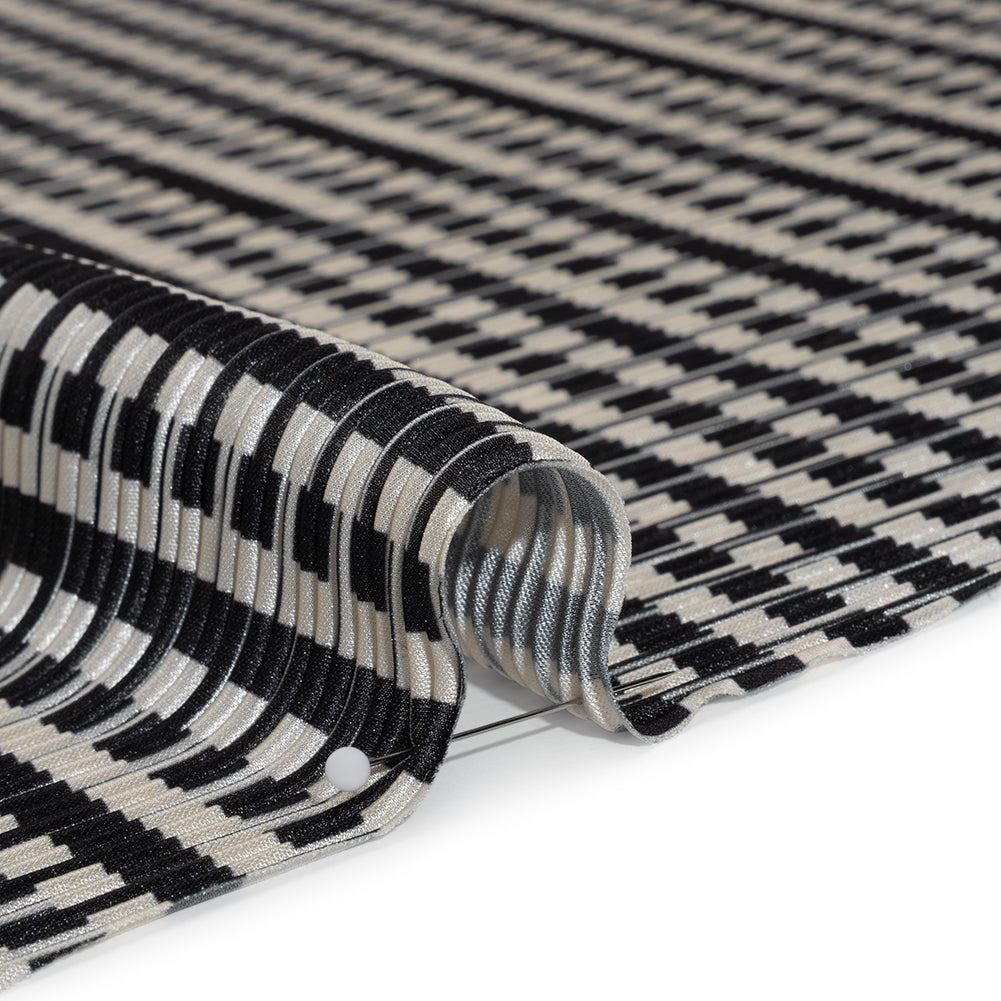Fine Pleated Polyester Satin - Black and Cream Geometric Stripes - Designer Deadstock - Detail