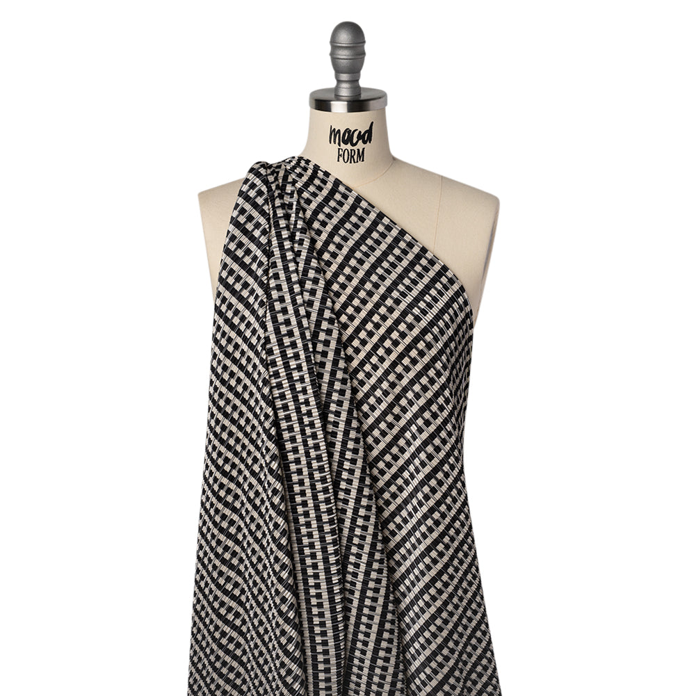 Fine Pleated Polyester Satin - Black and Cream Geometric Stripes - Designer Deadstock - Drape