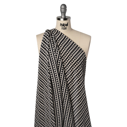 Fine Pleated Polyester Satin - Black and Cream Geometric Stripes - Designer Deadstock