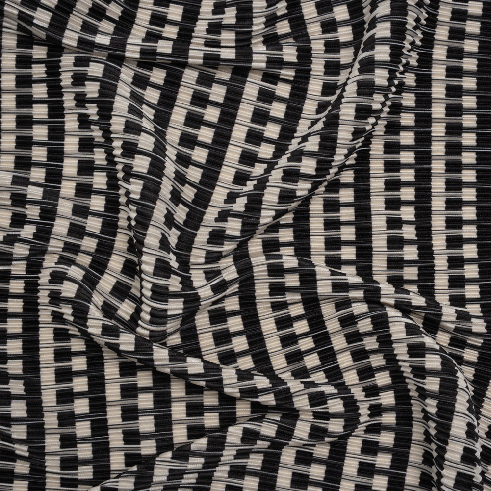 Fine Pleated Polyester Satin - Black and Cream Geometric Stripes - Designer Deadstock