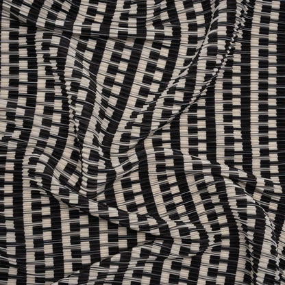Fine Pleated Polyester Satin - Black and Cream Geometric Stripes - Designer Deadstock