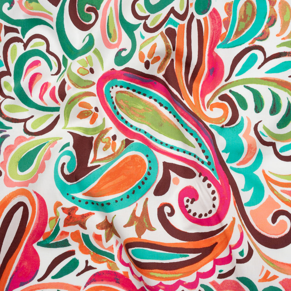 Stretch Cotton Poplin - Lime Green, Pink and Brown Painterly Paisley - Designer Deadstock