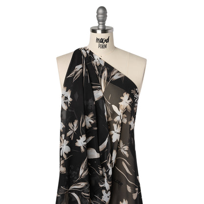 Polyester Chiffon Print - Black, Taupe and White Floral - Designer Deadstock