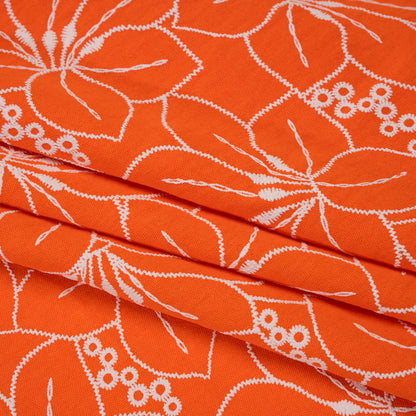 Polyester Crepe with 3D Puffy Print - Orange and White Embroidery Style Hibiscus Floral - Designer Deadstock Folded