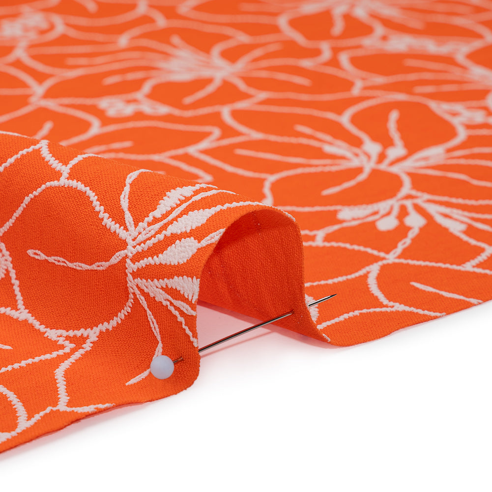 Polyester Crepe with 3D Puffy Print - Orange and White Embroidery Style Hibiscus Floral - Designer Deadstock Detail