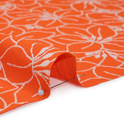 Polyester Crepe with 3D Puffy Print - Orange and White Embroidery Style Hibiscus Floral - Designer Deadstock Detail