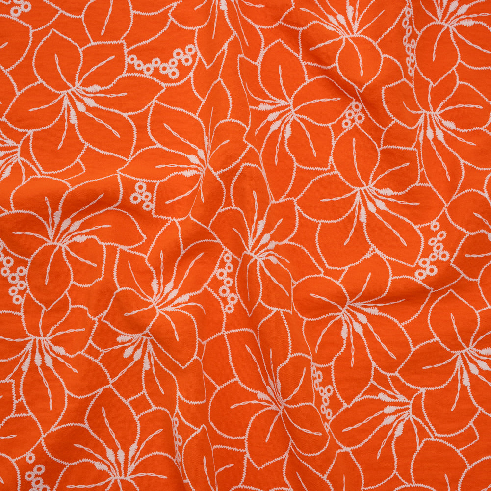 Polyester Crepe with 3D Puffy Print - Orange and White Embroidery Style Hibiscus Floral - Designer Deadstock